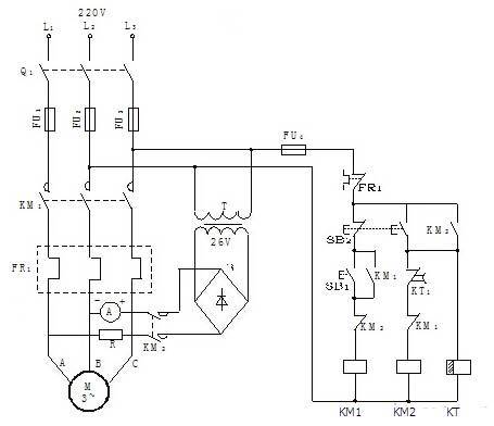 时间继电器控制三相异步电动机能耗制动控制线路
